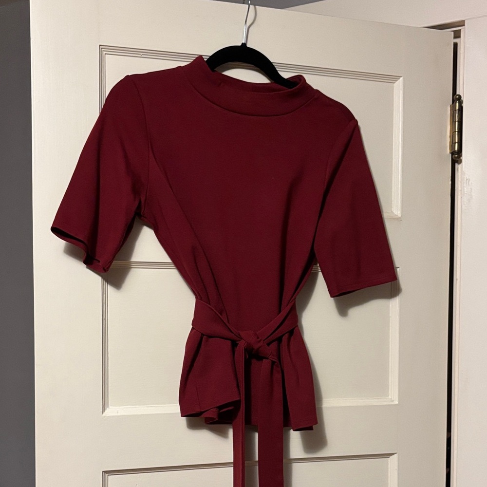Halogen Rich Burgundy Short Sleeve Tie-Waist Ponte Knit Top